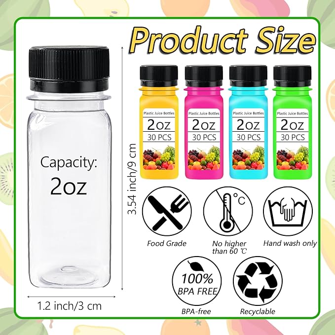 30PCS 2oz Small Plastic Shot Bottles with Caps,Reusable Clear Juice Containers,Empty Plastic Containers with 10 Funnels for Ginger Shots,Liquids,Beverages