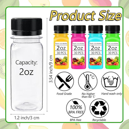 30PCS 2oz Small Plastic Shot Bottles with Caps,Reusable Clear Juice Containers,Empty Plastic Containers with 10 Funnels for Ginger Shots,Liquids,Beverages