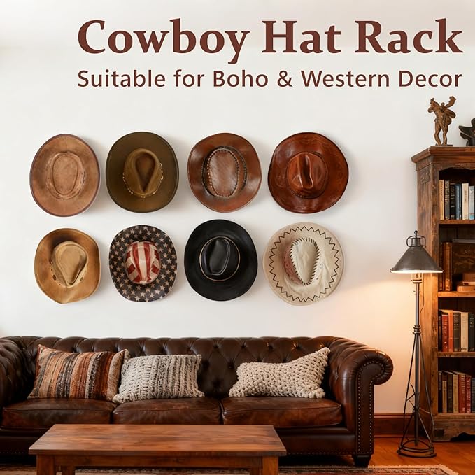 NANATI 3.15 inches Metal Hat Hooks for Wall, 6 Packs Cowboy Hat Holder, Hat Rack for Storage, Hat Organizer for Baseball Caps, Strong Adhesive Cap Holder, Cowboy Hat Hanger for Western Room Decor