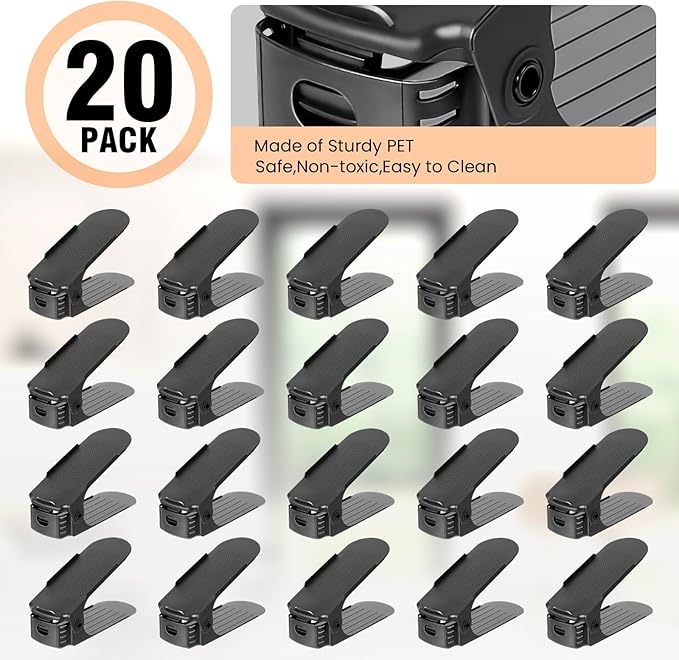 TOPNEW 20 Pack Shoe Slots Organizer Shoe Stacker for a Pair of Shoes 4 Levels Adjustable 50% Shoe Space Saver Double Layer Shoe Rack Organizer for Closet (Black)