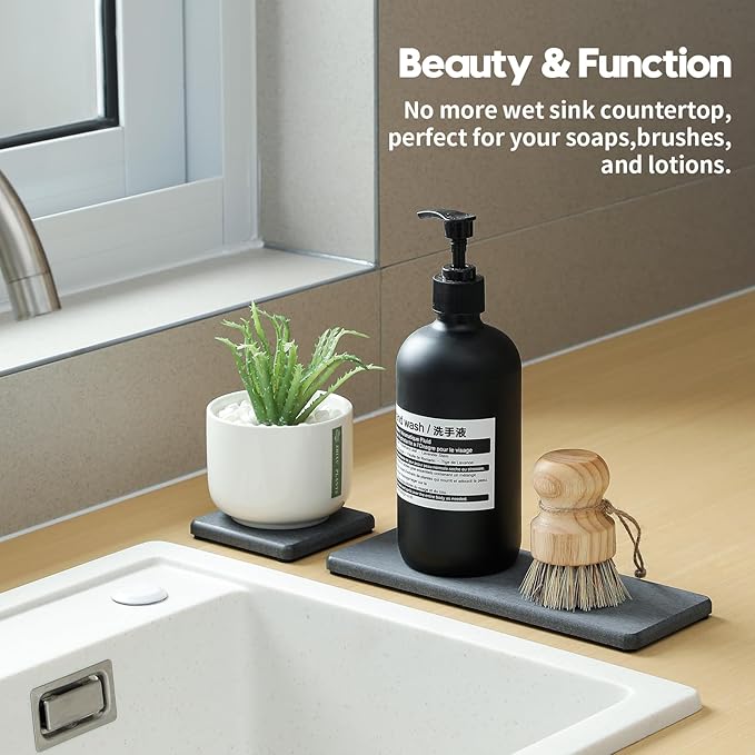 3PCS Water Absorbing Soap Dish Sponge Holder, Diatomite Stone Drying Tray Mat Sink Caddy for Kitchen Counter & Bathroom, Small Stone Bath Mat Faucet Accessories Organizer Protector,Dark Gray,9"x 3.5"