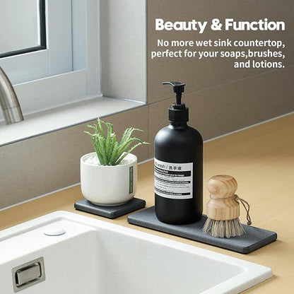 3PCS Water Absorbing Soap Dish Sponge Holder, Diatomite Stone Drying Tray Mat Sink Caddy for Kitchen Counter & Bathroom, Small Stone Bath Mat Faucet Accessories Organizer Protector,Dark Gray,9"x 3.5"