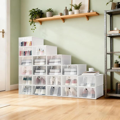 20 Pcs Foldable Stackable Shoe Storage Boxes, Clear Plastic Shoe Organizer, Easy Access, Space-Saving Design, for Closet, Bedroom, Entryway and Home Organization
