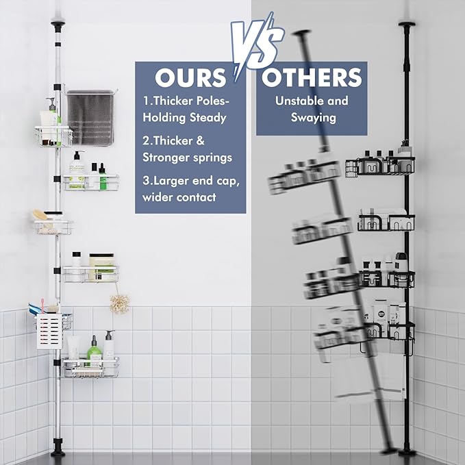 Vatex Shower Caddy Corner Tension Pole, Stainless Steel Rustproof 6 Shelves Bathroom Organizer with Towel Bar & Toothbrush Holder, Adjustable Shower Shelf for Renters - Family Stand Storage Rack