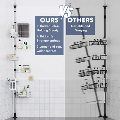 Vatex Shower Caddy Corner Tension Pole, Stainless Steel Rustproof 6 Shelves Bathroom Organizer with Towel Bar & Toothbrush Holder, Adjustable Shower Shelf for Renters - Family Stand Storage Rack