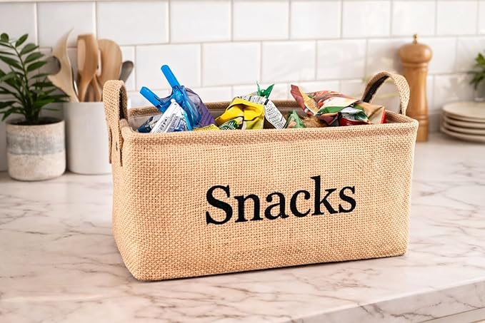 Snack Storage Bin for Pantry - Burlap storage basket for organizing your chips, popcorn, candy, pretzels and more. Kitchen container for treats. Great for movie night or for kids to grab and go.