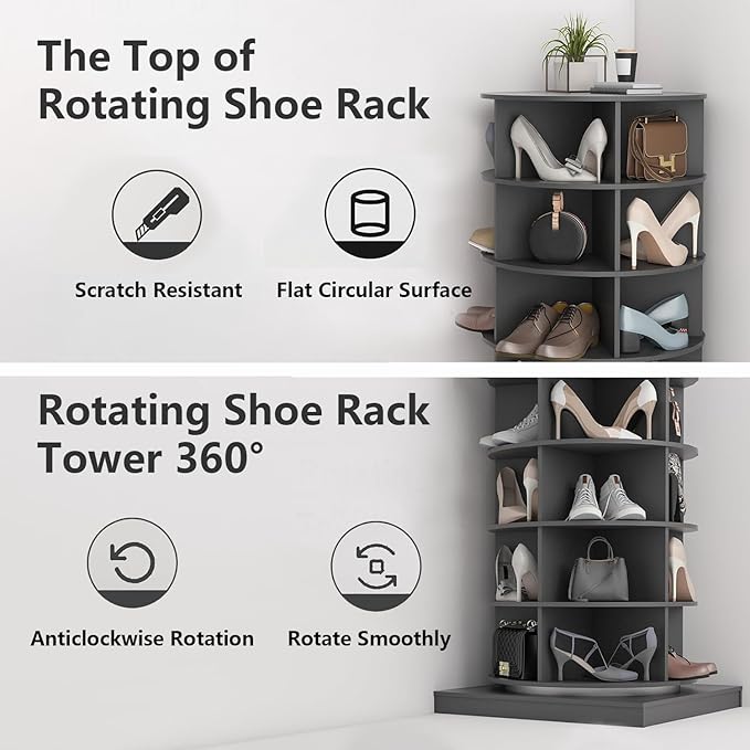 Rotating Shoe Rack Tower, 360-Degree Circular Storage Organizer for Shoes and Handbags, Vertical Space-Saving Cabinet for Entrance Hall, Independent Rotating Shoe Shelf (B-Gray)