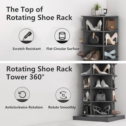 Rotating Shoe Rack Tower, 360-Degree Circular Storage Organizer for Shoes and Handbags, Vertical Space-Saving Cabinet for Entrance Hall, Independent Rotating Shoe Shelf (B-Gray)