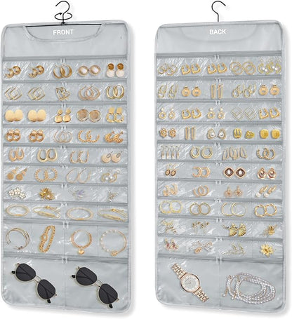 FOREGOER Hanging Jewelry Organizer with 88 Zippered Pockets, Dustproof Foldable for Travel, Accessories Organizer for Holding Jewelries, Earring Organizers and Storage ((Gray)