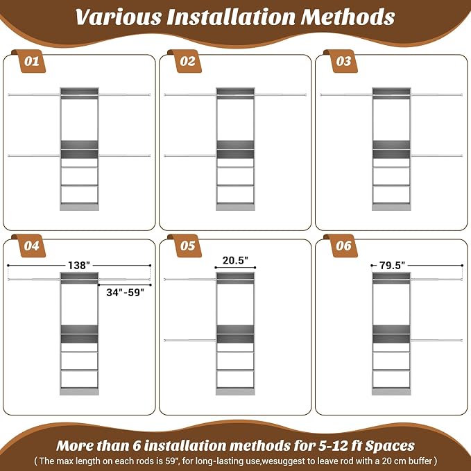12FT Large Open Closet System, 138'' Wall-Mounted Closet Shelving with 5 Hanging Rods and 6 Shelves, Customizable Wardrobe for Walk-In Closets, Fits 5–12FT Spaces, Grey