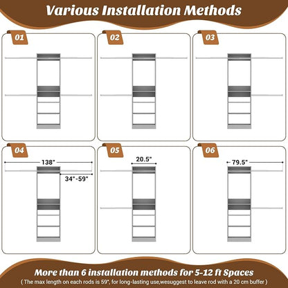 12FT Large Open Closet System, 138'' Wall-Mounted Closet Shelving with 5 Hanging Rods and 6 Shelves, Customizable Wardrobe for Walk-In Closets, Fits 5–12FT Spaces, Grey