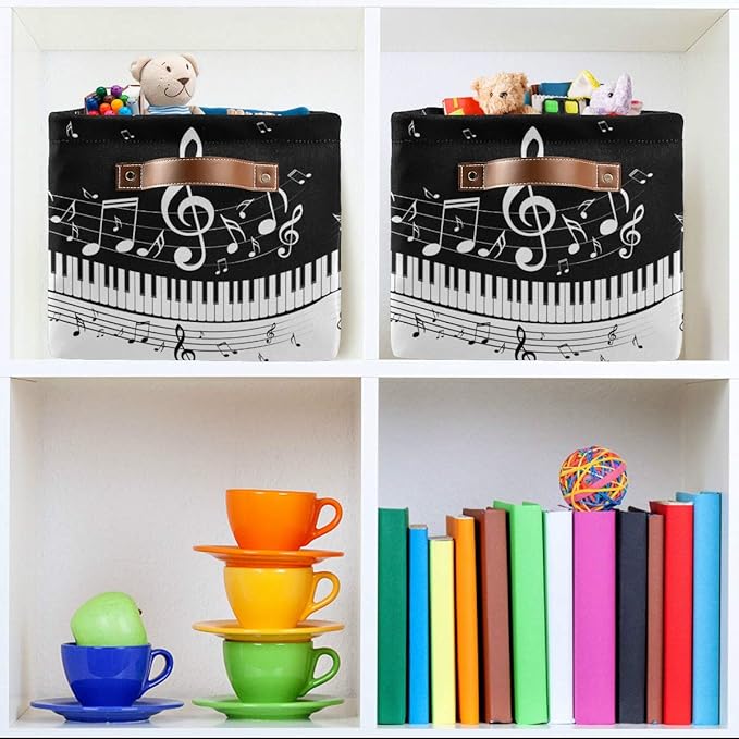 Foldable Storage Baskets, Piano Keys Musical Notes Storage Bins with Handles, Decorative Cloth Organizer Storage Boxes for Home|Office 15 x 11 x 9.5 in