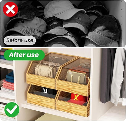 Wooden Hat Organizer Box for Baseball Caps, Hats Holder Box with Pullable Acrylic Lid Large Cap Storage for Closet Countertop (charcoal color)