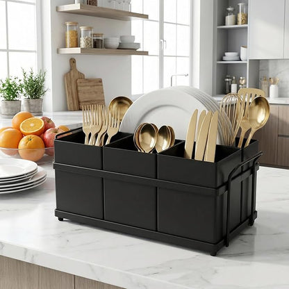 Utensil Holder Mesh Drainage Holes, 4pcs Bins Set Countertop Utensil Holder for Plate, Spoons, Forks and Knives, Cutlery Organizer Suitable for Party, Kitchen Countere, Balck