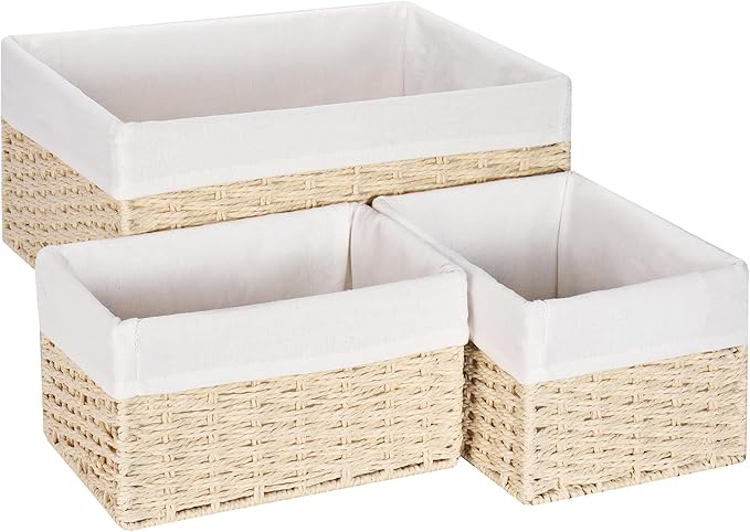 Vagusicc Wicker Basket, Set of 3 Hand-woven Storage Baskets for Organizing, Decorative Bathroom Wicker Storage Basket Bins with Handles, Small Toilet Paper Storage Baskets for Shelves & Decor, Beige