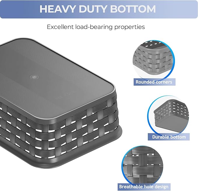 3 Pack Small Plastic Basket, Storage Bin Baskets for Organizing, Pantry Organizer Household Wicker Storage for Laundry Room, Bedrooms, Kitchens, Cabinets, Countertops, Dark Gray
