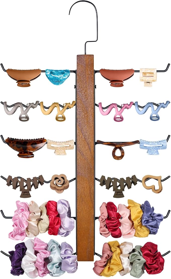 SNOWSTAR Claw Clip Organizer and Scrunchie Holder,6-Tier Iron Rod Hair Clip Holder Hanger for Women Girls,Metal&Wood Claw Clips Organizer Hanger Home Decor for Wall,Door,Closet