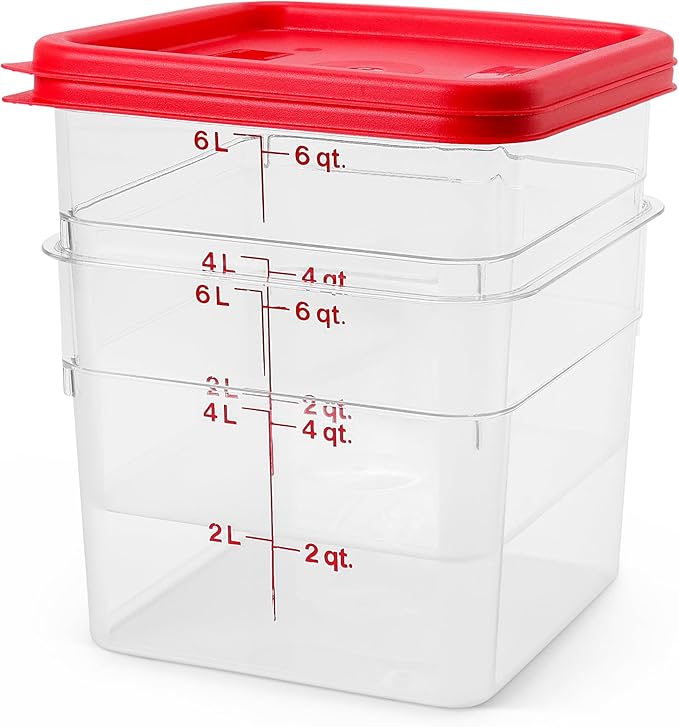 Cambro Food Storage Container with Lid - 6 QT (Quart) Square, Classic Series with Red Lid, Commercial Grade for Food Prep, Clear, 2 Pack