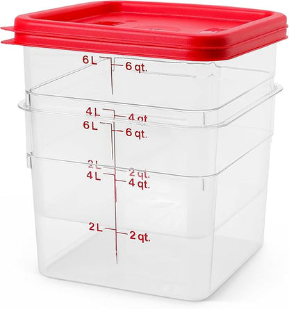 Cambro Food Storage Container with Lid - 6 QT (Quart) Square, Classic Series with Red Lid, Commercial Grade for Food Prep, Clear, 2 Pack