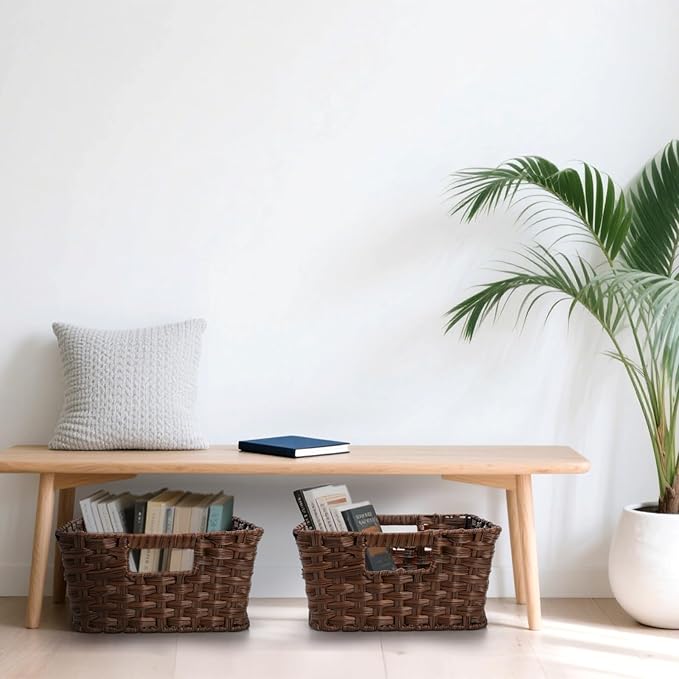 2 Pack Woven Storage Baskets, Large Poly Wicker Organizer Bins for Shelves, Plastic Waterproof Organizing Cube Container, Storage Boxes with Handle for Closet Pantry,12" x 12" x 6"