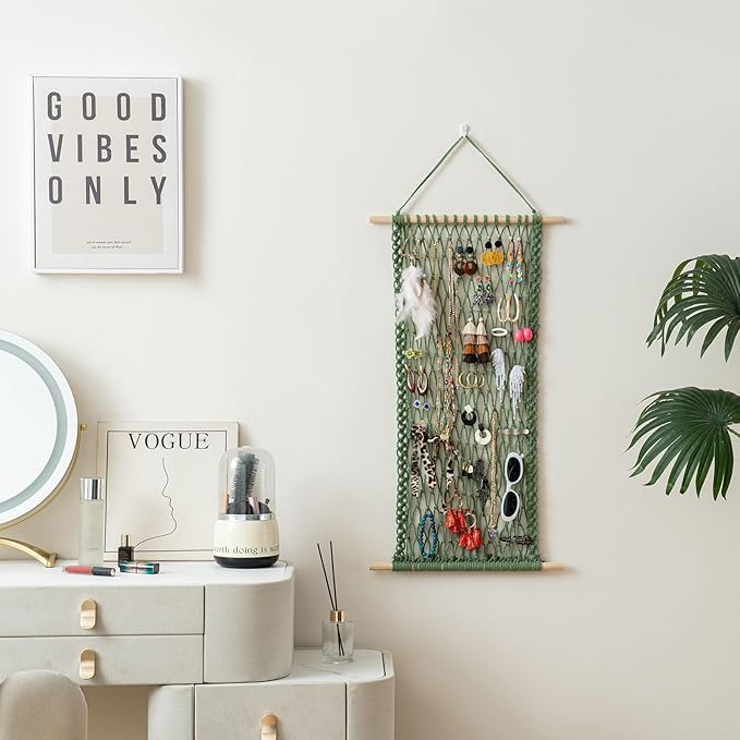 Pretty Jolly Hanging Jewelry Mesh Organizer Macrame Wall Mounted Necklaces Storage Earring Display Rack Girls Hair Clips Hanger with 20 Pieces S Shape Hooks for Bracelets,Necklace and Rings(Green)