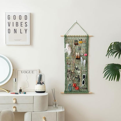 Pretty Jolly Hanging Jewelry Mesh Organizer Macrame Wall Mounted Necklaces Storage Earring Display Rack Girls Hair Clips Hanger with 20 Pieces S Shape Hooks for Bracelets,Necklace and Rings(Green)