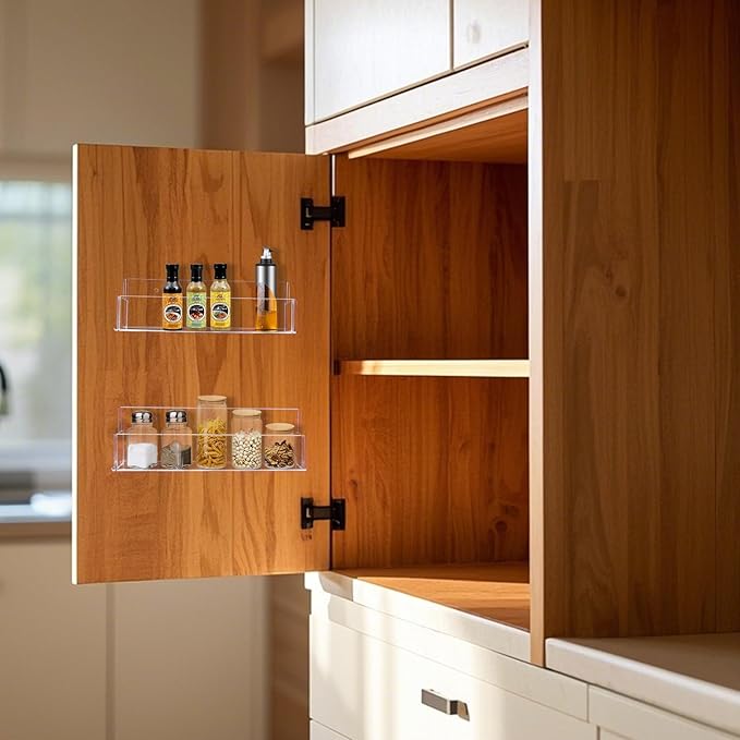 Acrylic Spice Rack Wall Mount - 9 Inch, Clear Spice Shelf Storage Holder, 2 Pack Hanging Seasoning Organizer for Cabinet Door, Cupboard or Wall Kitchen (Adhesive or Screw)