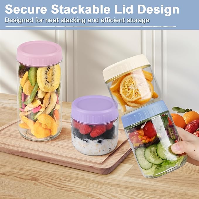Overnight Oats Containers with Lids, 10 & 16 & 24 oz Wide Mouth Mason Jars with Lids, 9 Pack Glass Jars with Airtight lid for Chia Pudding Yogurt Salad, Meal Prer Oatmeal Jars