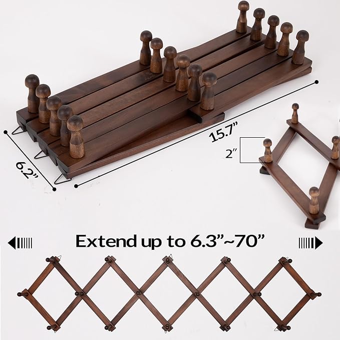 SCUNDA Hat Rack for Wall, Expandable Wall Hat Holder with 16 Hooks, 16 inch Wooden Wall Hook for Baseball Caps,Cowboy, Bag,Hoodie(Brown)