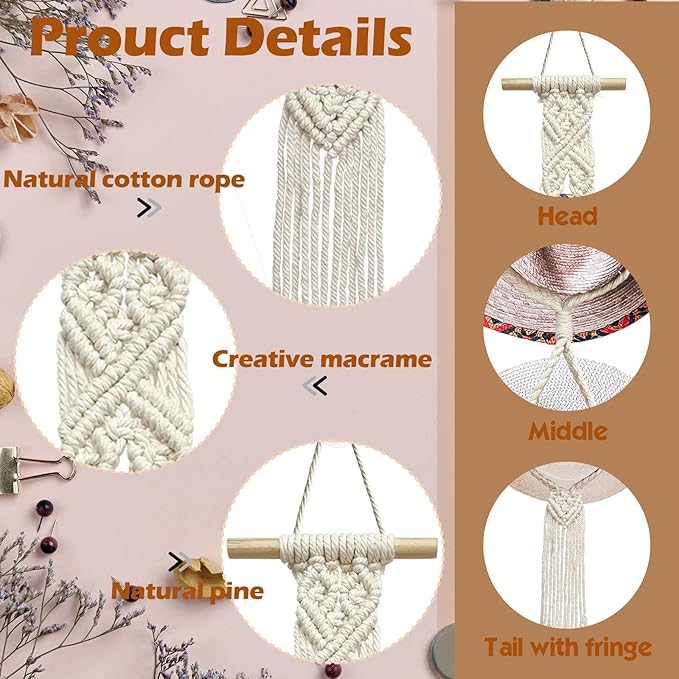 Besoamo 2Pcs Bohemian Hat Hangers Hat Organizer for Wall, Macrame Woman Hat Rack Hat Holder for Wall Hanging, Hand Weaving Boho Hat Holder Decorative Cap Organizer for Wide Brim (Three Hats Style)
