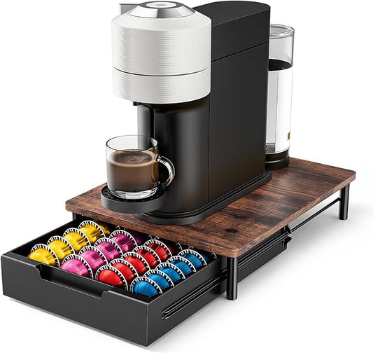Coffee Pod Drawer Organizer for Nespresso Vertuo, Patented Flexible Slot Design Holds Up to 40 Large Capsules, Rustic Wood Look, Fits Under Coffee Machines