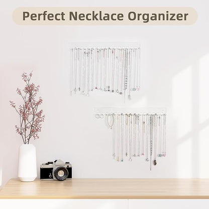 Acrylic Necklace Holder 4 Pack Wall Mounted Necklace Organizer Hanging Jewelry Organizer with 17 Hooks for Necklaces, Bracelets, Rings and Bangles Display (14.17 inch)