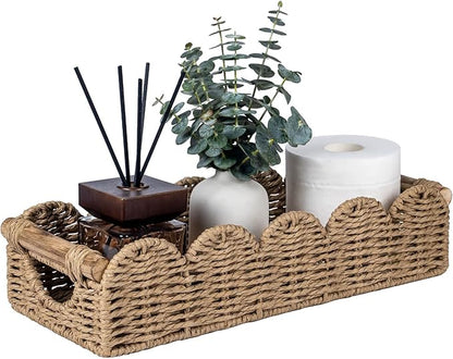 CubesLand Bathroom Basket Organizer w/Cut Out Handle, Back of Toilet Paper Storage Baskets Tray for Bathroom Countertop Decorative, Scalloped Wicker Basket Also for Home Decor, Living Room, Neutral