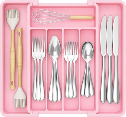 Lifewit Silverware Drawer Organizer, Expandable Utensil Tray for Kitchen, BPA Free Flatware and Cutlery Holder, Adjustable Plastic Storage for Spoons Forks Knives, 8.5"-14.1" x 12.1", Pink