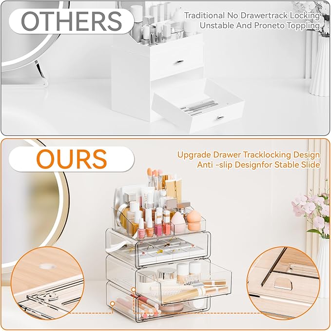 Yieach 4 Tier Clear Acrylic Makeup Organizers with Drawers,Tiered Countertop Make up Storage Organizer for Dresser Top and Bathroom Vanity,Plastic Makeup Stand for Brush,Skincare,Beauty Organizers