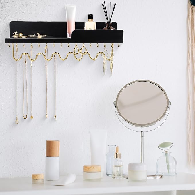 Hanging Jewelry Organizer with 29 Hooks and Cosmetics Shelf, Modern Wood Wall Mounted Jewelry Holder for Necklaces, Bracelets, Earrings and Rings, Black