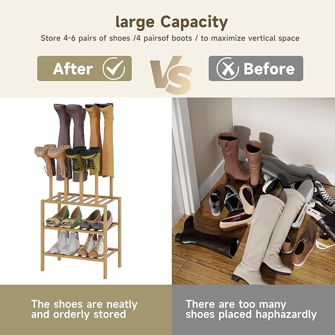 Boot Rack for Tall Boots Organizer,3-Tier Multiuse Shoe Rack and Boot Storage Rack,for Tall Boots,Sneakers,High-Heel (Natrual, 3-tier-short)