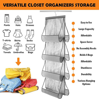 Purse Organizer for Closet - Handbag Hanging Purse Storage and Organizers with Hook, Over Door Bags Holder Hanger, 8 Large Clear Waterproof Pockets, Space Saving, for Dorm, Bedroom, Wardrobe