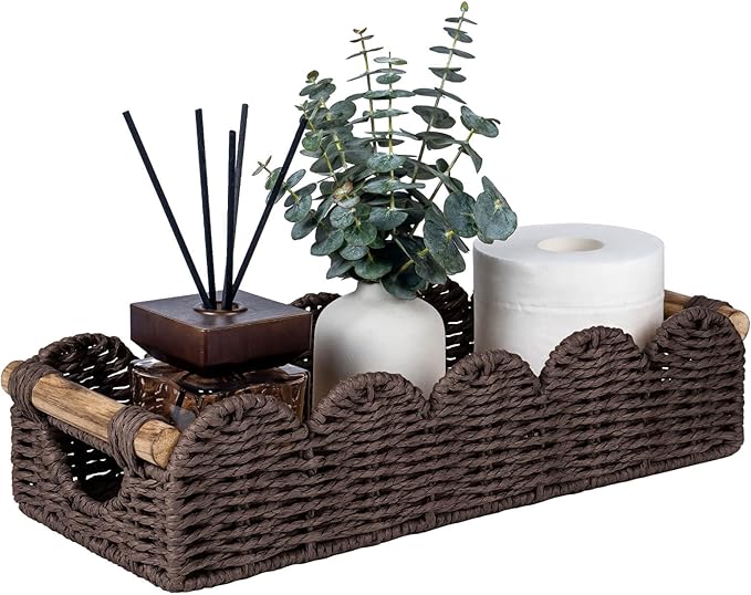 CubesLand Bathroom Basket Organizer w/Cut Out Handle, Back of Toilet Paper Storage Baskets Tray for Bathroom Countertop Decorative, Scalloped Wicker Basket Also for Home Decor, Living Room, Brown