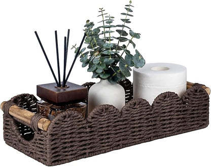 CubesLand Bathroom Basket Organizer w/Cut Out Handle, Back of Toilet Paper Storage Baskets Tray for Bathroom Countertop Decorative, Scalloped Wicker Basket Also for Home Decor, Living Room, Brown