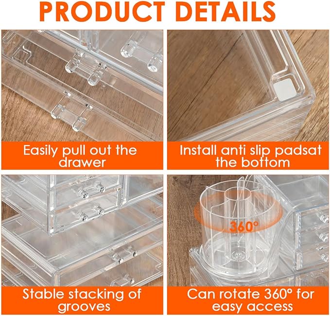 OTYMIOW 3 Tier Clear Acrylic Makeup Organizer Countertop with Brush Holder and 9 Drawers, Bathrooms, Stackable Large Makeup Organizer for Store Skincare, Brushes, Hair Accessories