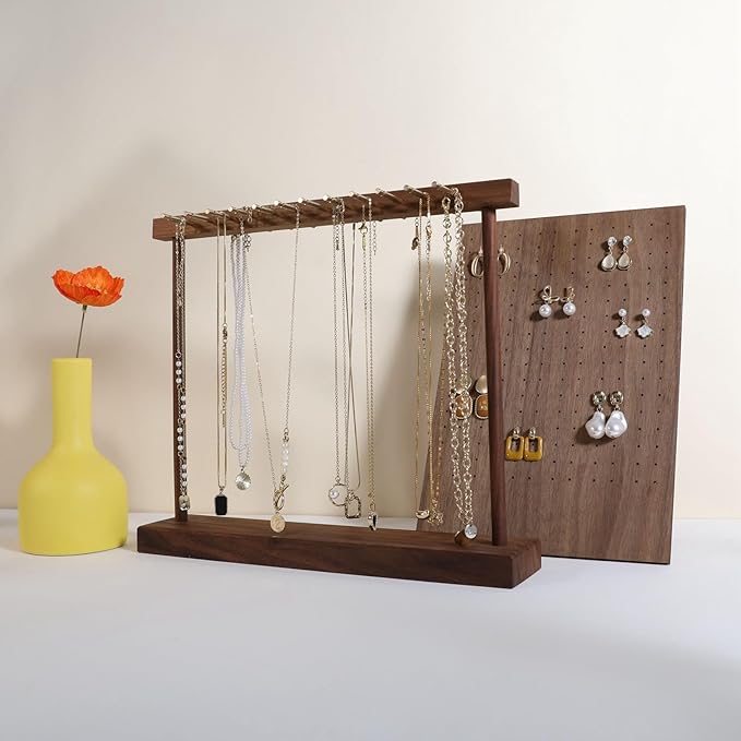 Medium necklace hanger shelf with 12 copper bars, Wooden jewelry storage organizer rack for hanger necklace bracelet, necklace display stand for boutique store【Walnut】