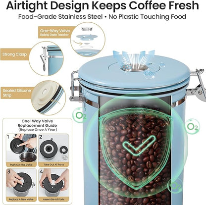 Veken Coffee Canister, 39OZ Large, Airtight Stainless Steel Food Storage Container for 2.2lbs Coffee Beans, Ground, Sugar, Tea, Cookie, Flour, Kitchen Bar Accessories with Date Tracker & Scoop, Blue