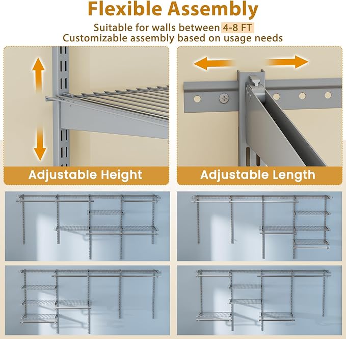 Tangkula 4 to 8 FT Custom Closet System, Wall Mounted Closet with Hanging Rod, Metal Hanging Storage Organizer Rack Wardrobe with Shelves, Adjustable Closet System Kit for Bedroom (Gray)