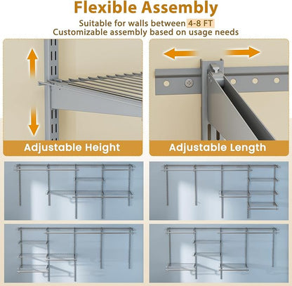 Tangkula 4 to 8 FT Custom Closet System, Wall Mounted Closet with Hanging Rod, Metal Hanging Storage Organizer Rack Wardrobe with Shelves, Adjustable Closet System Kit for Bedroom (Gray)
