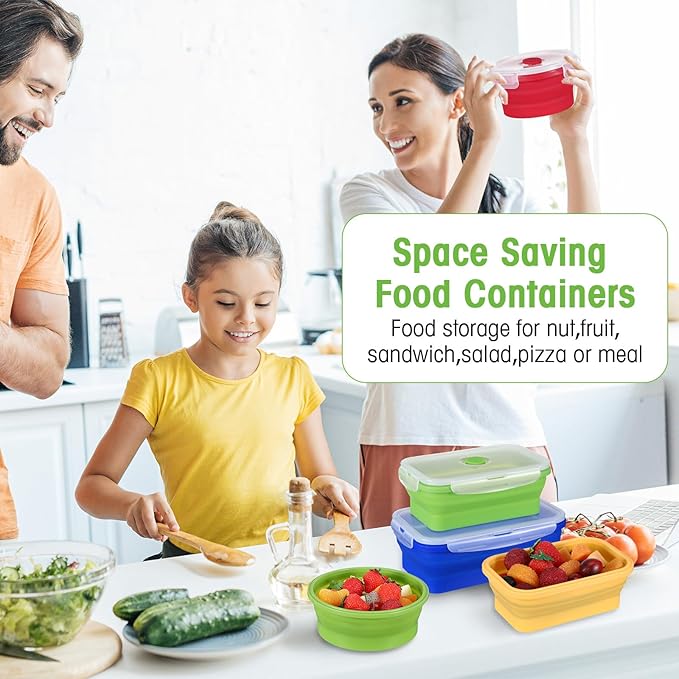 Yaomiao 16 Pack Collapsible Food Storage Containers with Lid Foldable 8 Pcs Rectangle Storage Bowl and 8 Pcs Round Silicone Food Bow for Lunch Camping Rv Accessories Microwave Freezer(Bright Colors)