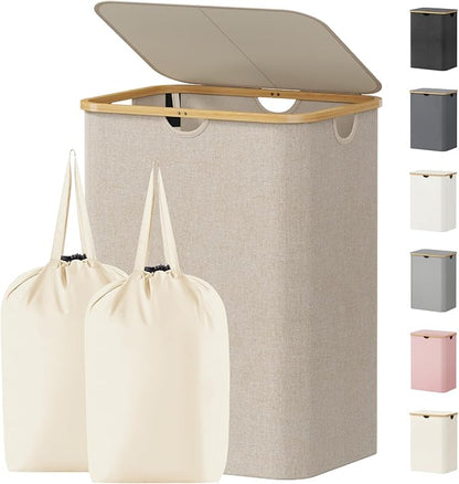 Lifewit 150L Laundry Basket with Lid, Clothes Hampers for Laundry with Bamboo Handles and 2 Removable Bag, Large Foldable Laundry Hamper for Bedroom, Bathroom, Dorm, Laundry Room, Beige