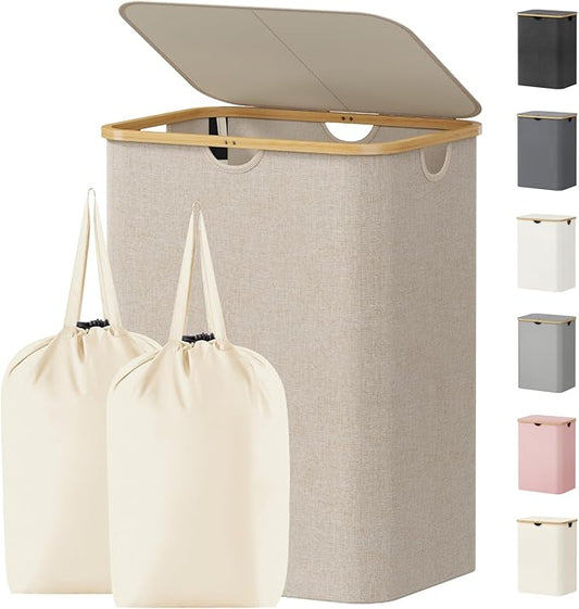 Lifewit 150L Laundry Basket with Lid, Clothes Hampers for Laundry with Bamboo Handles and 2 Removable Bag, Large Foldable Laundry Hamper for Bedroom, Bathroom, Dorm, Laundry Room, Beige