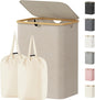 Lifewit 150L Laundry Basket with Lid, Clothes Hampers for Laundry with Bamboo Handles and 2 Removable Bag, Large Foldable Laundry Hamper for Bedroom, Bathroom, Dorm, Laundry Room, Beige