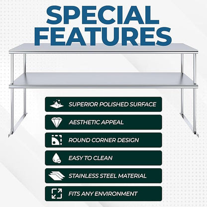 NSF Certified 18 Gauge Heavy Duty Stainless Steel Double overshelf with Brackets for Kitchens, Utility Rooms, Storage, Offices & Home